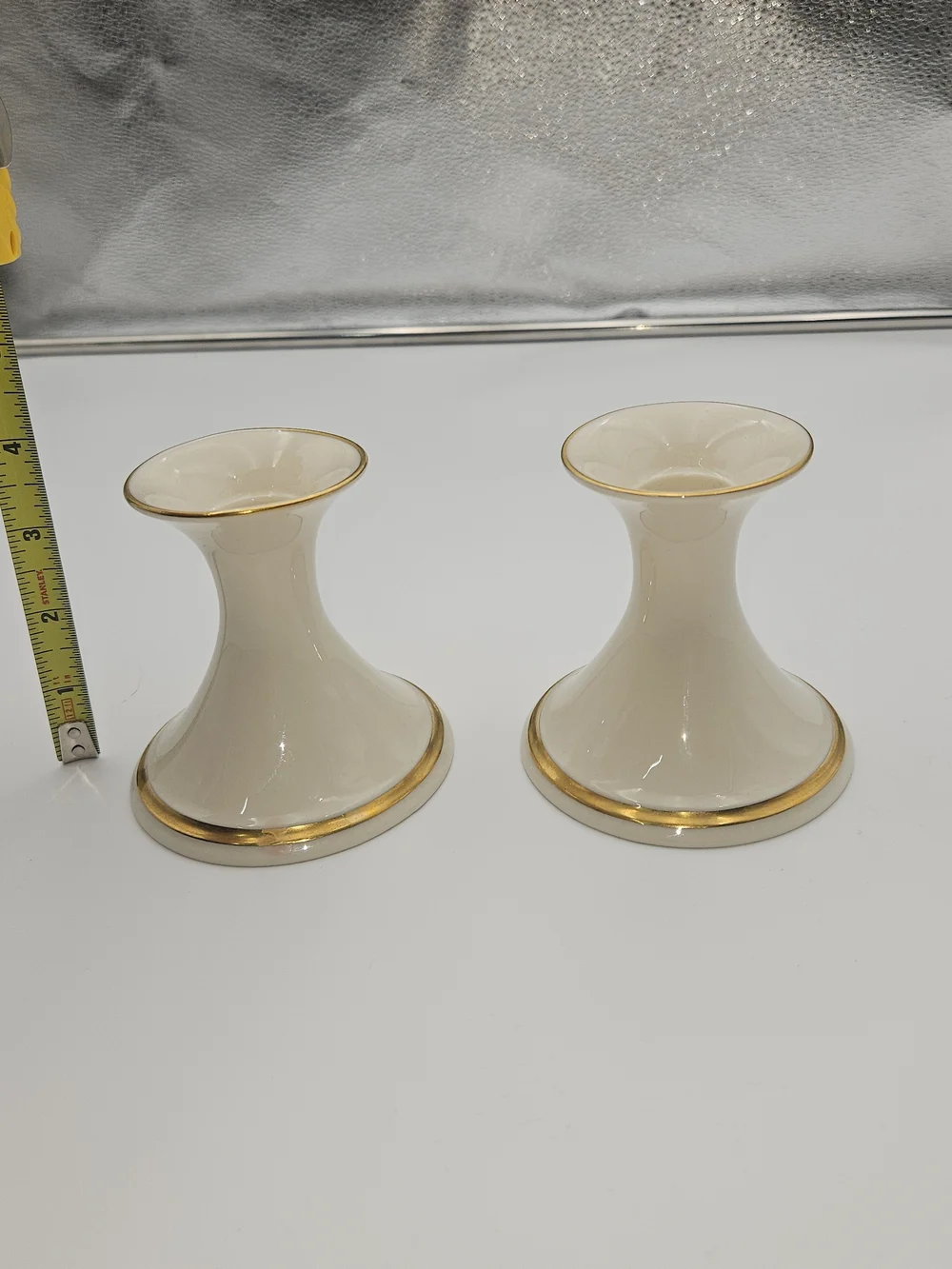Lenox Cream and Gold Rim Ceramic Candle Holders - Pair